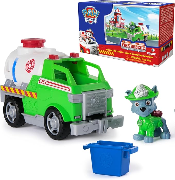 Paw Patrol Fire Rescue: Rocky Rescue Fire Tanker with Action Figure, Grab Claw and Toy Truck, Kids Toys for Boys & Girls Ages 3 and Up