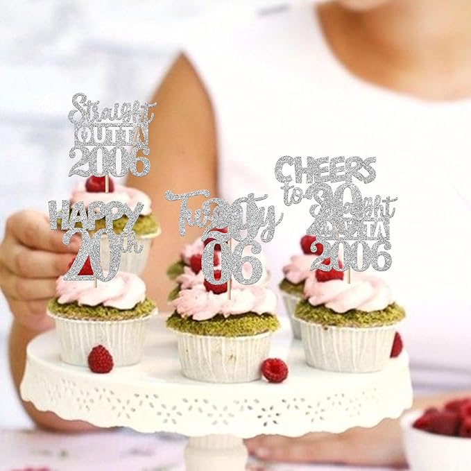 30PCS 20th Birthday Cupcake Toppers Glitter Twenty Happy 20th Straight Outta 2006 Cupcake Picks for Cheers to 20 Years Birthday Wedding Anniversary Party Cake Decorations Supplies Silver