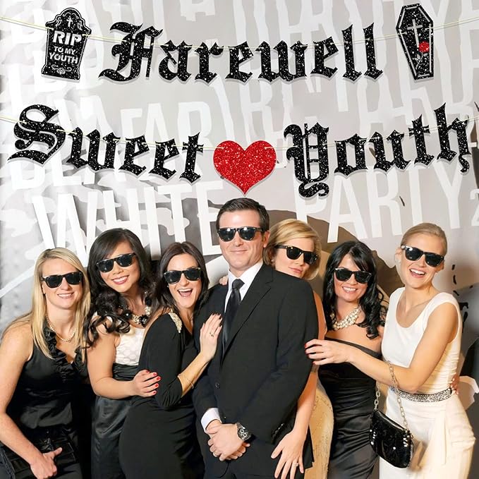 Pre-Strung Gothic Birthday Decorations, NO DIY Glitter Farewell Sweet Youth Banner, Old English Goth Funeral Themed Party Supplies