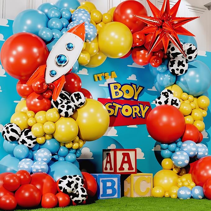ALL-IN-1 Toy Story Balloons Arch Kit for It's A Boy Story Baby Shower Decorations – Toy Story Balloon Garland Kit with Cloud & Cow Toys Story Balloons for First Toys Story Birthday Party Supplies