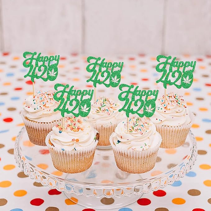 Ercadio 24 Pcs Green Glitter Marijuana Cupcake Toppers Have a Dope Birthday Cake Topper Cake Decorations for Men Women Marijuana Them 420 Birthday Party Supplies