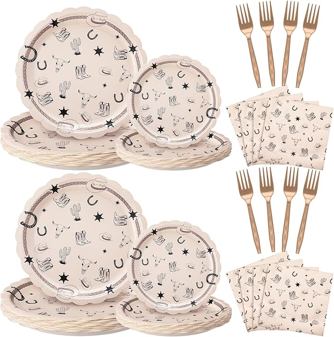 122 Pcs Cowboy Paper Plates and Napkins Forks Western Birthday Supplies First Rodeo Bachelorette Party Plates Cowboy Ranch Tableware Set for Kids Boys Baby Shower Decorations, Serve 24