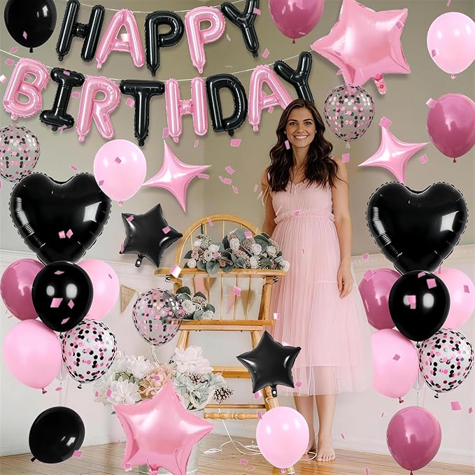 Pink and Black Birthday Decorations for Girls Women Hot Light Baby Pink Black Balloons Confetti Party Balloon Happy Birthday Banner Heart Balloons 18/10 Inch Star Balloon for Bday Party Supplies