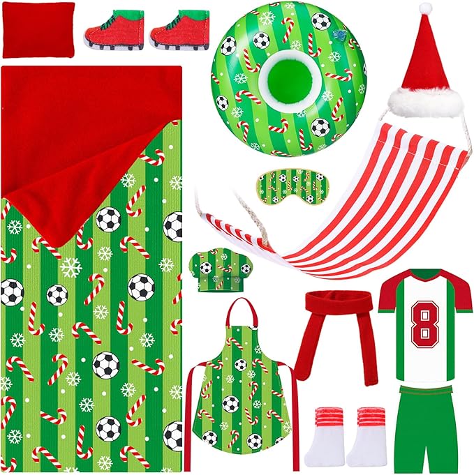Kacctyen 15 Pcs Soccer Themed Christmas Accessories Include Sleeping Bag, Apron, Chef Hat, Scarf, Pillow, Eye Mask, Shoes, Mask, Hammock for Doll Props