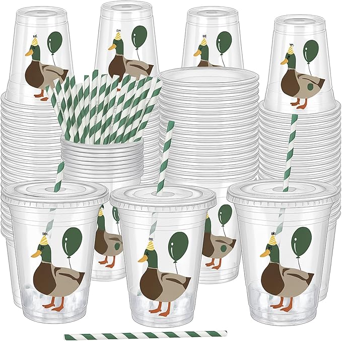 50 Pcs Mallard Duck Birthday Decorations One Lucky Duck Plastic Cups Bulk Birthday Party Favor Plastic Hunting Tumblers Baby Shower Party Supplies for Guest Gender Reveal Supplies
