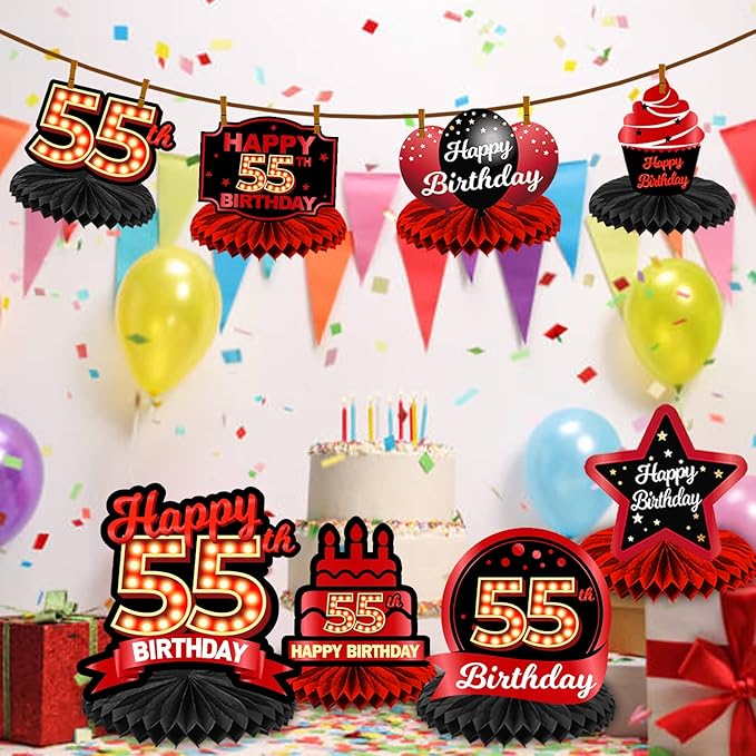 Happy 55th Birthday Red and Black Table Honeycomb Centerpieces Balloons Theme Decor Table Decorations Table Toppers for Girls Women Princess 55 Years Old Birthday Party Bday Supplies Background Gold