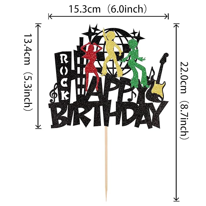 1 PCS Rock Happy Birthday Cake Topper Glitter Guitar Music Disco Ball Cake Pick 70's Disco Dancing Rock and Roll Cake Decoration for Rock Band Music Concert Theme Birthday Party Decorations Supplies