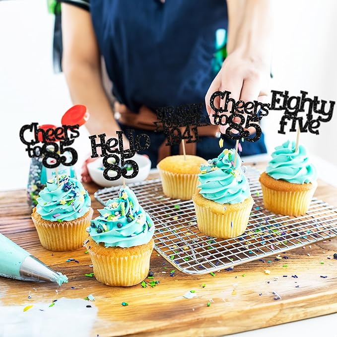 Ephlyn 24Pcs 85th Birthday Cupcake Toppers Glitter Straight Outta 1941 Cupcake Picks Hello 85 Cheers to 85 Years Cake Decorations for 85th Birthday Anniversary Party Decorations Supplies Black