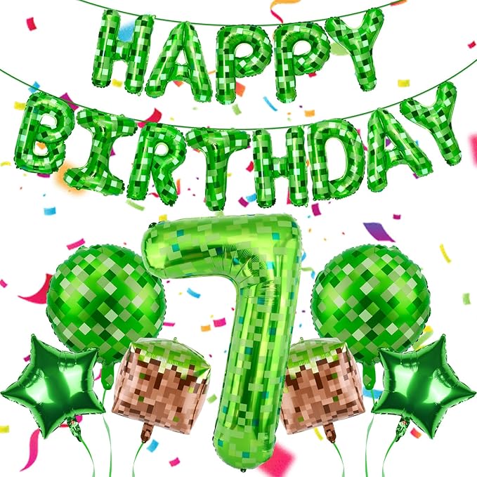 Green Pixel Themed Happy Birthday Banner Party Decorations Set Including 40 Inch Number 7 Foil Balloons, Themed Party Essentials, TNT Pixel Backdrop Supplies for Boys Indoor Outdoor Celebration