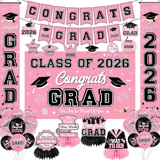 Graduation Decorations Class of 2026 Pink Graduation Party Decor Set include Congrats Grad Banner Backdrop Class of 2026 Balloons Party Supplies