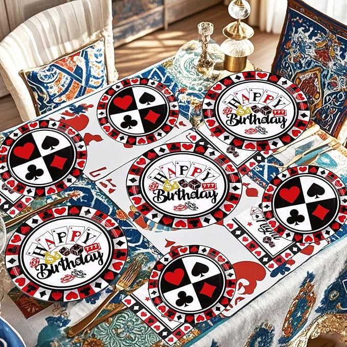 Grencian 96Pcs Casino Party Decorations Poker Plates and Napkins Disposable Red Black Casino Birthday Paper Tableware Set for Las Vegas Night Poker Club Birthday Party Supplies, Serves 24