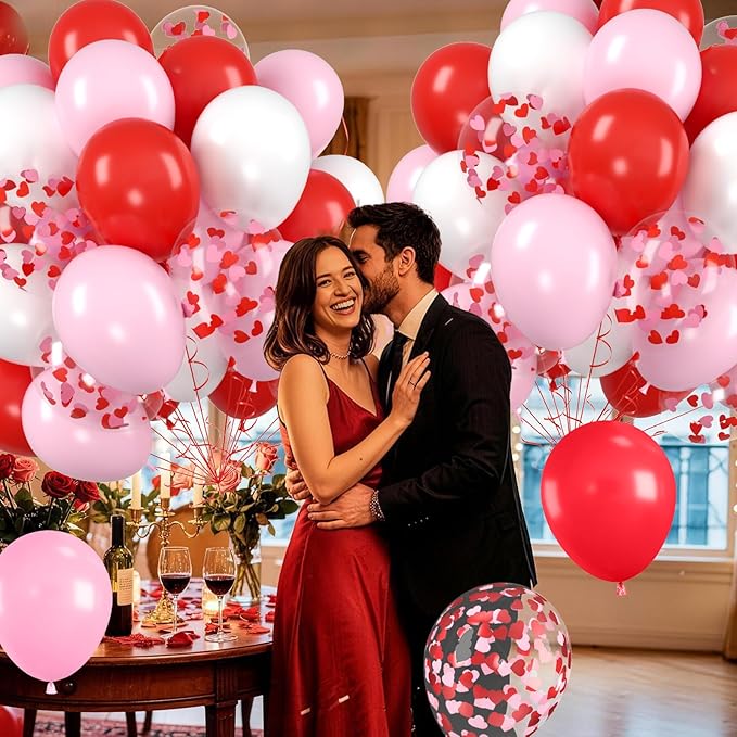 Red Pink White Balloons, Valentine's Day Balloon with Pink Heart Confetti Latex Balloons For Valentine Party Birthday Baby Shower Party Wedding Bridal Anniversary Engagement Decorations