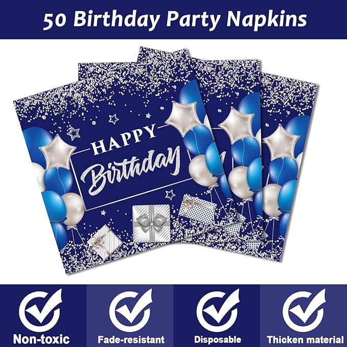 96 Pcs 50th Birthday Party Supplies - Navy Blue & Silver Plates, Napkins, Forks & Table Decorations for 24 Guests