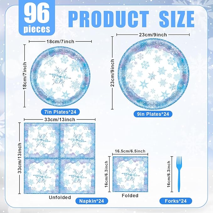96 Pieces Snowflake Winter Tableware Set – Blue Disposable Plates, Napkins, and Forks for Frozen Birthday Parties, Christmas Dinners, Holiday Gatherings, and Winter Celebrations – Serves 24 Guests