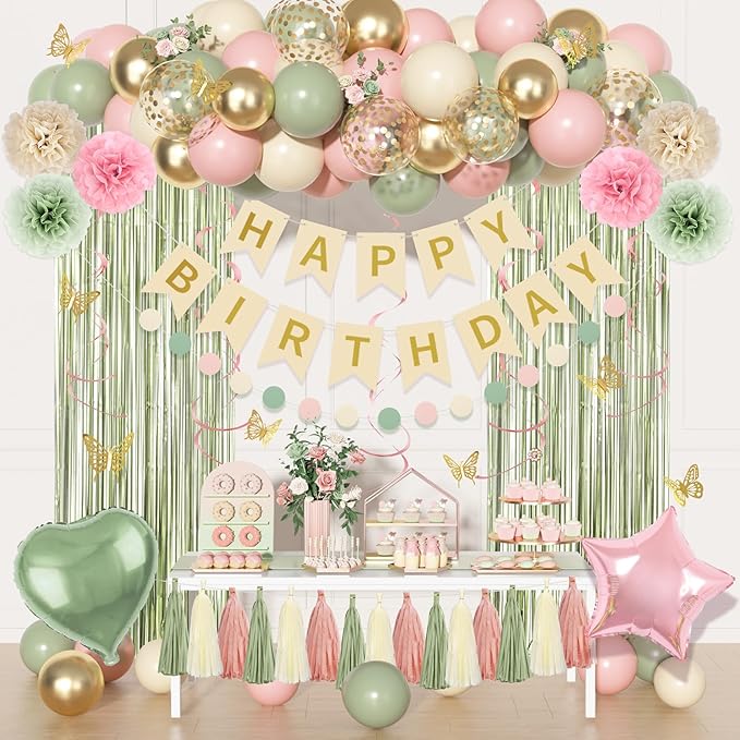 Pink and Green Birthday Decorations, Sage Green Pink Sand White Gold Balloons Happy Birthday Banner Fringe Curtains Butterfly Hanging Swirls Circle Dots Tassels Pompoms for Women Girls Party Supplie