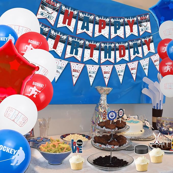 Hockey Party Decorations, Happy Birthday Banner, Ice Hockey Theme Cake Toppers, Latex Balloons and Tablecloth for Kids Party Sports Ice Hockey Birthday Party Supplies