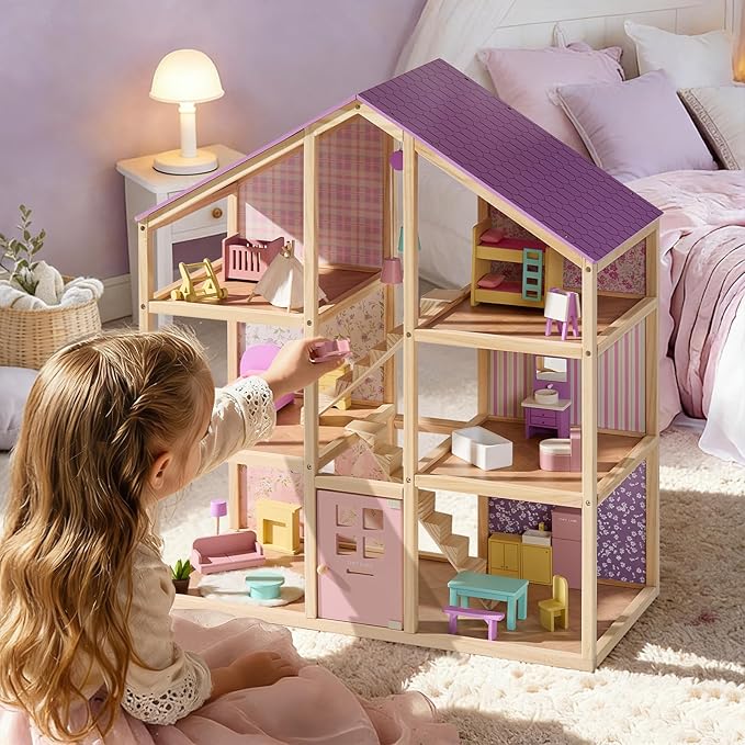 Tiny Land Wooden Dollhouse for Girls - 6 Rooms Wooden Doll House, DIY Pretend Doll House with 31Pcs Furniture Accessories, Creative Gift for Girl Ages 3+ (Unicorn Purple)