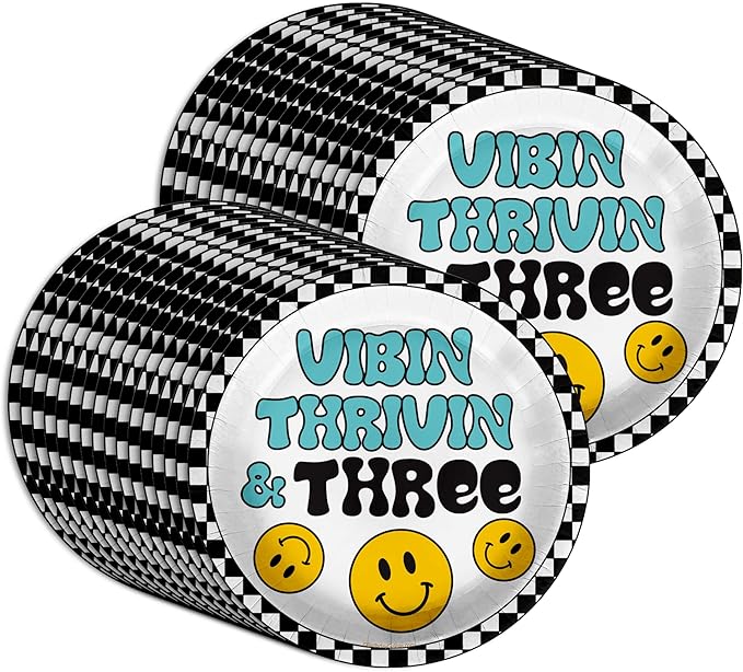 Vibin Thrivin' and Three Smiley Face Third Birthday - 32 Piece Disposable Party Supplies - Decorations for Boy's 3rd Birthday Round Party Plates - Large 9" Paper Plates In Bulk