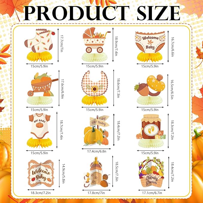 12 Pcs Fall Locally Grown Baby Shower Decorations Fall Honeycomb Centerpieces Pumpkin Corn Honey Acorn Farmers Market Baby Shower Table Topper Decoration for Birthday Party Favors Supplies