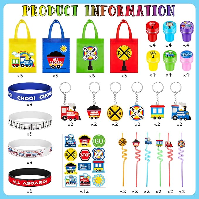 Sumind 228 Pcs Train Party Favors Birthday Decoration Non Woven Goodie Bags Plastic Straws Punch Balloons Stamps Stickers Silicone Wristbands for Train themed Birthday Party Supplies