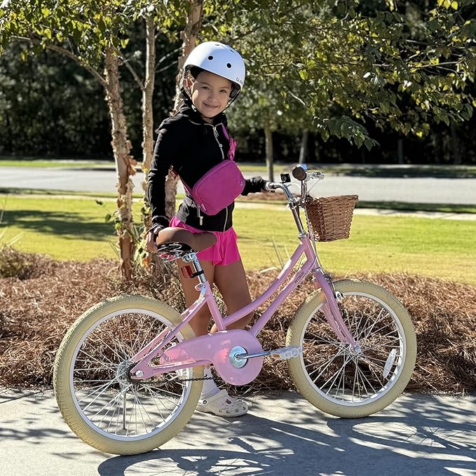 Petimini Vintage Kids Bike for Girls, 12–20 Inch Classic Bicycle with Wicker Basket & Bell, High Tensile Steel Frame, Training Wheels (12–18”), 85% Pre-Assembled, Retro Bike for Outdoor Riding