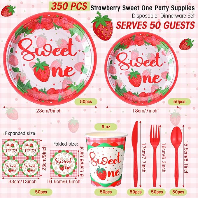 350 Pcs Strawberry Sweet One Party Supplies Tableware Set Disposable 9'' 7'' Paper Plates 9 oz Cups Cutlery Napkins Dinnerware Set for 1st Birthday, Serve 50 (Strawberry Sweet One, Red, Pink)