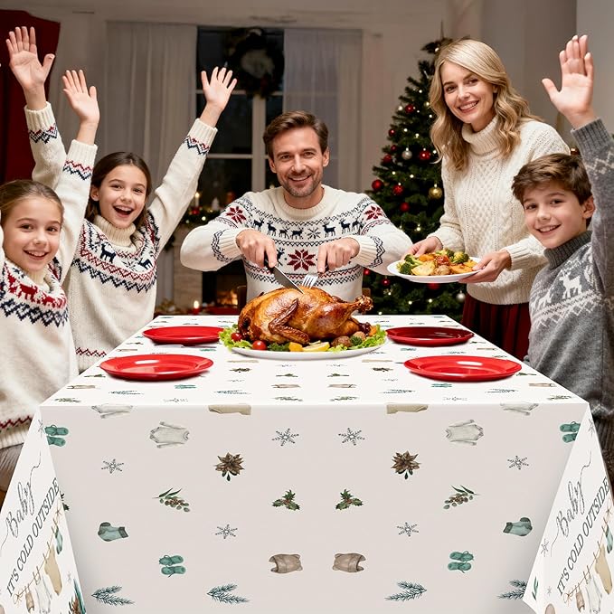 Table Cover Party Decoration - 3Pcs Winter Sweater Balloon Disposable Plastic Table Cloth Birthday Party Favors Classroom Happy New Year Decorations Supplies Banner Kids Santa Claus Snowman