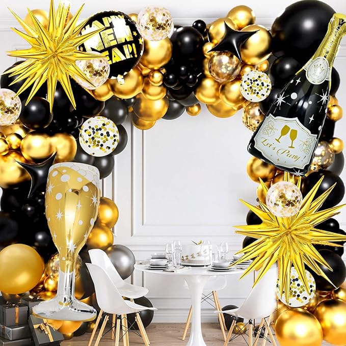 4 Pcs Champagne Balloons, Huge Black Gold Champagne Bottle Goblet Aluminum Foil Balloons for Birthday, Bachelorette, Graduation, Anniversary, 2026 New Years Eve Party Decorations Supplies