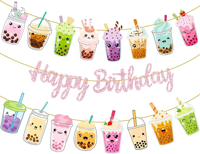 Bubble Tea Birthday Party Banners 3Pcs Boba Tea Birthday Party Decorations Pink Happy Birthday Banners Pearl Milk Tea Themed Banner Decorations for Bubble Tea Party Baby Shower Supplies