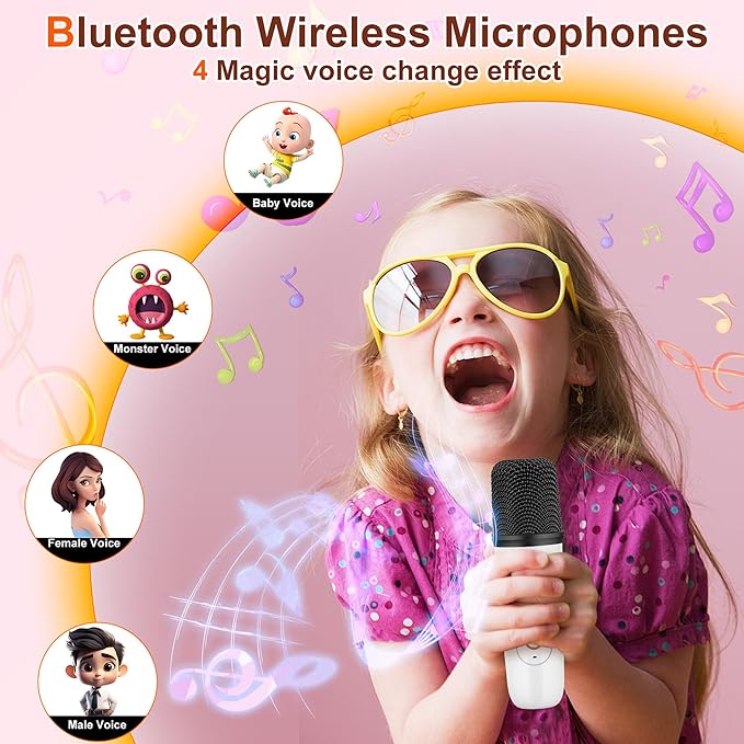 Karaoke Machine for Kids, Portable Bluetooth Speaker with 2 Wireless Microphones and LED Lights, Music Player Toys Gifts for Kids Ages 4, 5, 6, 7, 8, 9, 10+ Year Old Birthday Party (White)