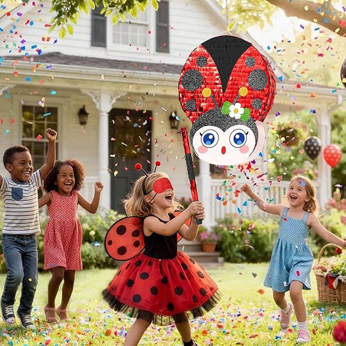 WERNNSAI Ladybug Piñata – Red Ladybug Party Piñata for Kids Birthday Games Garden Theme Parties Insect Theme Classroom Activities baby shower supplies with Blindfold and Stick