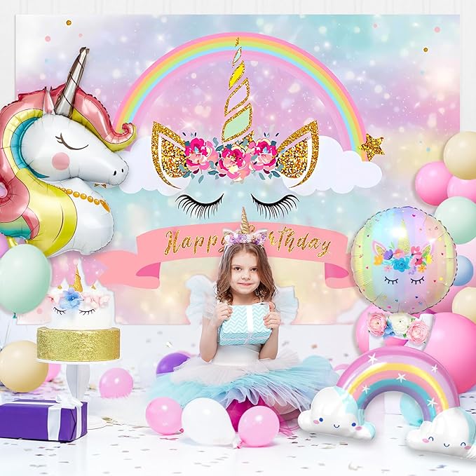 Winrayk 142Pcs Pink Unicorn Party Decorations Birthday Supplies for Girls, Pink Balloon Arch with Backdrop Tablecloth Large Self-designed Foil Balloons, Kids Rainbow Unicorn Theme Birthday Decorations