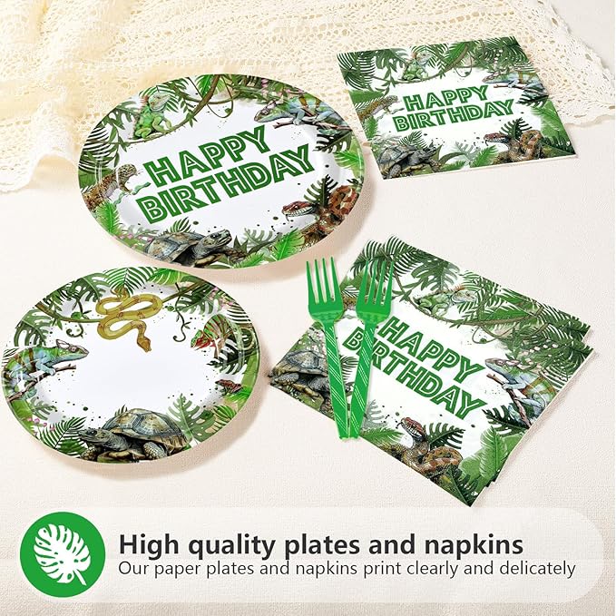 96Pcs Reptile Birthday Party Supplies Lizard Snake Turtle Birthday Party Plates and Napkins Green Reptile Wild Tableware Set for Tropical Wild Greenery Favors Serves 24