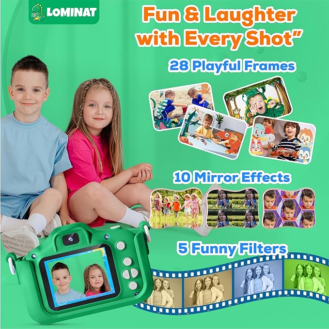 Kids Camera for 3, 4, 5, 6, 7, 8, 9 Year Old Boys Girls – 1080P HD Kids Video Camera, Dinosaur Christmas Birthday Gifts, Toddler Dual Lens Digital Camera with Games, Toys for Toddlers - 32GB SD Card