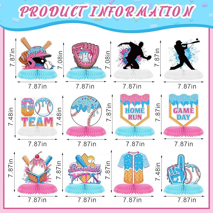 Marspark 12 Pcs Ice Cream Drip Baseball Birthday Party Decoration Baseball Drip Table Centerpieces Ice Cream Honeycomb for Table Party Supplies for Kids Boys Birthday Baby Shower Favors