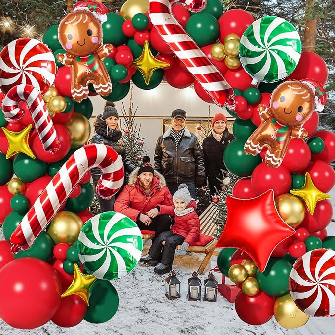 Christmas Balloon Garland Arch Kit Red Green Gold Latex Balloons Large Gingerbread Man Red Green Lollipop Candy Mini Cane Foil Balloons with Four/Five Pointed Star for Xmas New Year Party Decorations