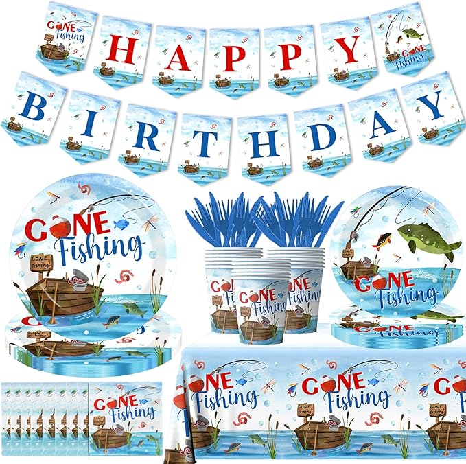 142 Pcs Gone Fishing Tableware,Fishing Birthday Party Decoration Little Fisherman Gone Fishing Themed Disposable Tablecloth,Plates,Napkins Cups Forks and Knives Supplies of Fishing Birthday Party