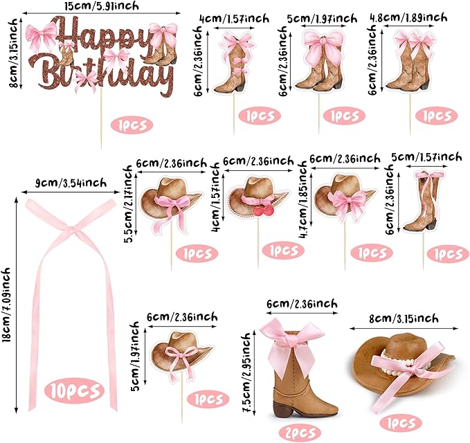 26 PCS Cowgirl Bows Cake Decorations Hat and Boot Cake Toppers for Western Theme Birthday Baby Shower Cowgirl Party Supplies