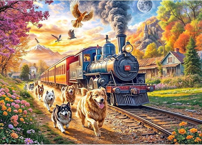 Jigsaw Puzzles for Adults 1000 Pieces, Interlock Perfectly Letter on Back No Dust, Home Decor Birthday Party Gift Toy for Men Women Elders Seniors, 1:1 Poster-Happy Train