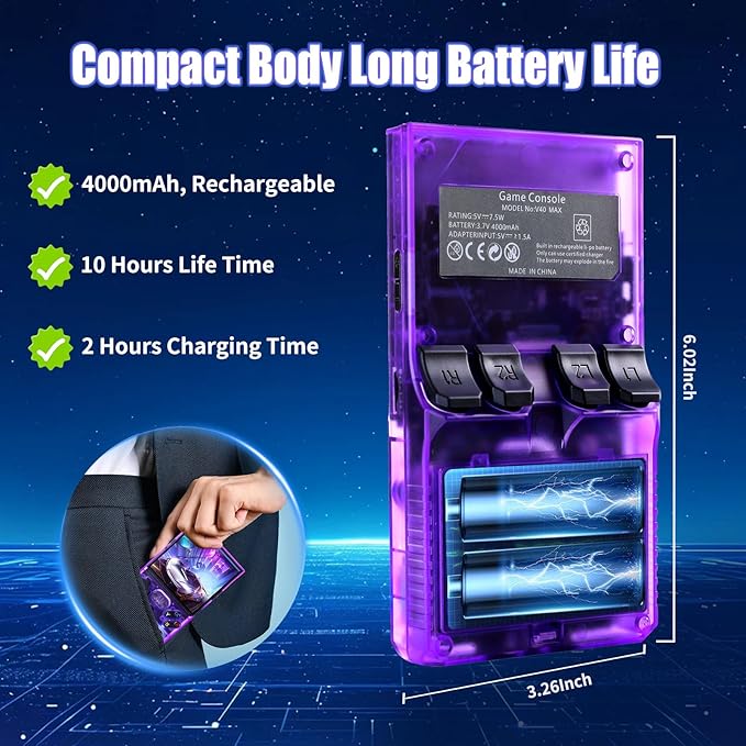GWALSNTH V40 MAX Mini Retro Handheld Game Console, 40000 Games 256G TF Card, Built-in 49+ Emulators, 4.0 Inch 4K HD IPS Screen, 4000mAh Battery, Portable Pocket Video Console (Transparent Purple)