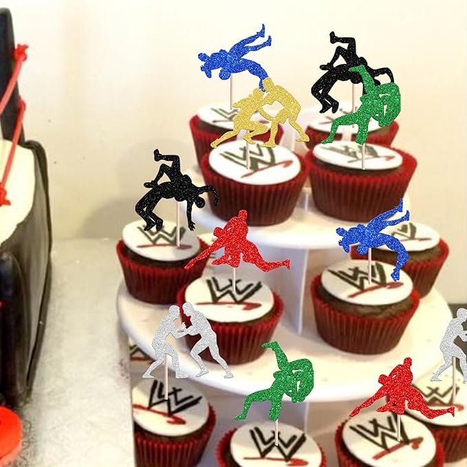 24 PCS Wrestling Cupcake Toppers Glitter Wrestler Birthday Cupcake Picks Wrestling Party Cupcake Decorations for Sport Theme Boys Men Birthday Party Cake Decorations Supplies Colorful