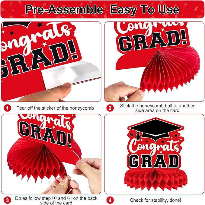 8 Pieces Class of 2026 Graduation Table Decorations - 2026 Congrats Grad Honeycomb Centerpieces, Red Black Graduation Table Toppers Decor for 2026 Graduation Party Decorations Favor Supplies