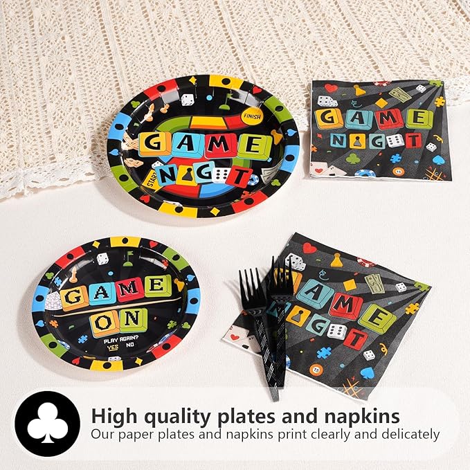 Grencian 96Pcs Game Night Party Supplies Black Family Game Party Decorations Plates and Napkins Disposable Family Gamer Paper Tableware Set for Kids Adults Birthday Games On Favors Serves 24