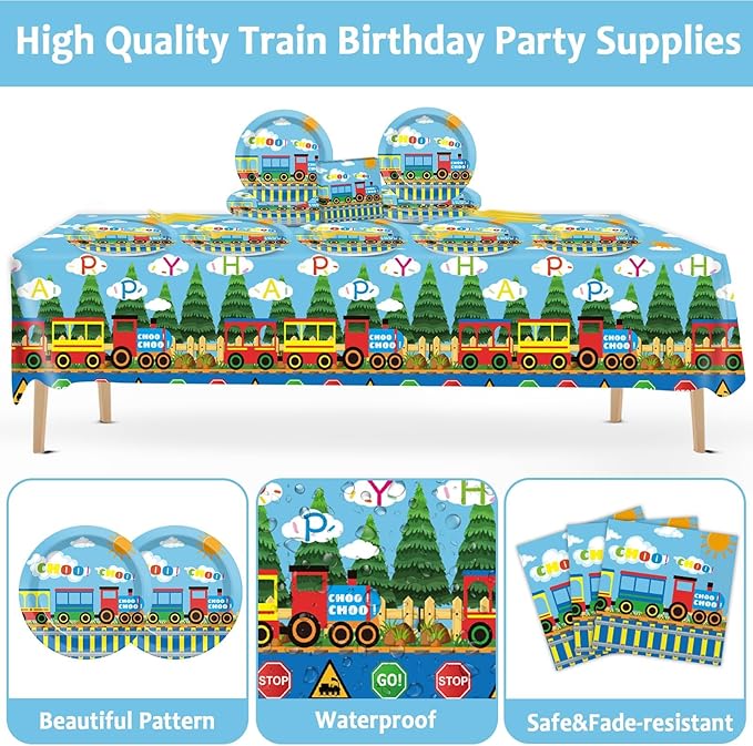 61 Pcs Train Birthday Decorations Chugga Choo Party Tableware Set Cartoon Car Plates Napkins and Tablecloth Transportation Themed Supplies for Birthday Parties Family Gathering Dinner Serve 20 Guests