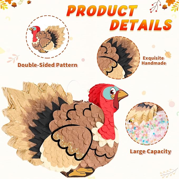 WERNNSAI Thanksgiving Turkey Piñata - Fall Autumn Decorations Wild Turkey Brown Piñata Thanksgiving Party Games for Family Fall Festival Decor Party Favors with Blindfold