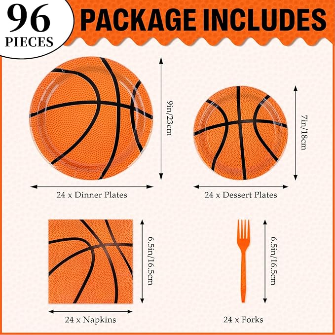 96 Pcs Basketball Party Plates and Napkins Set, Basketball Birthday Party Decorations for Boy Serves 24
