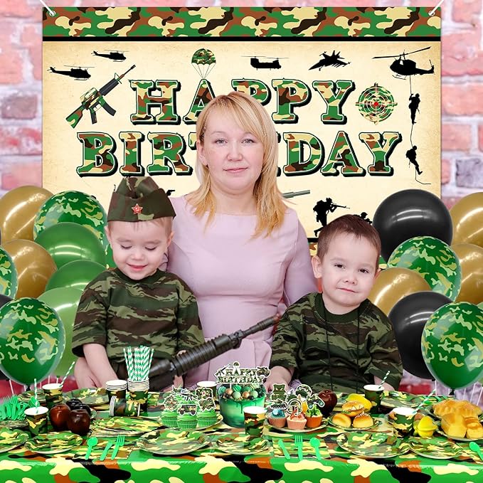Camo Birthday Party Decoration, Army Party Supplies, Plates Cups Napkins Camo Tablecloth Happy Birthday Backdrop Balloons Cake Toppers for Boy Camouflages Hunting Military Party Supplies (Backdrop)