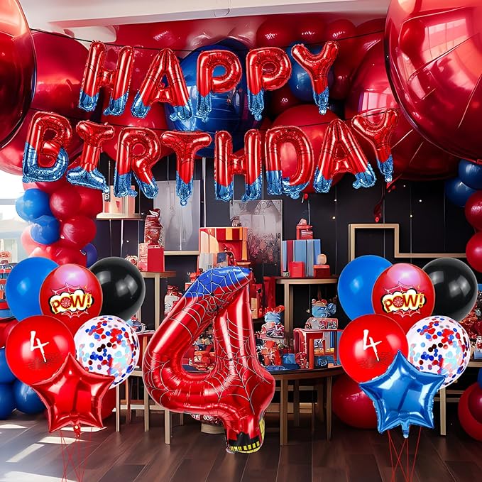 Cartoon Hero 40 Inch Red and Blue Spider Theme Number Foil Birthday Decoration Balloon, Spider Theme Happy Birthday Banner Party Decoration Balloon, Letter Logo Superhero Party Supplies (4)