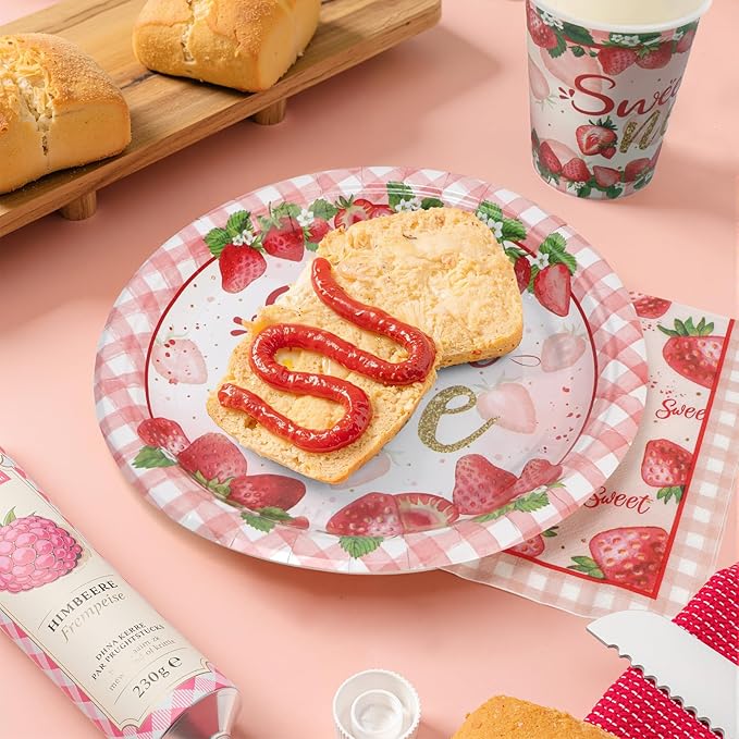 168Pcs Sweet One Birthday Decorations Pink Strawberry Paper Plates and Napkins Cups Knives Forks Spoons for Baby Shower Kids First Birthday Party Decorations Supplies for Girls Boys