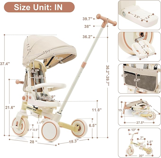 7 in 1 Baby Tricycle Stroller for Toddlers Ages 1Y-6Y Handle Rotatable Seat Retractable Canopy